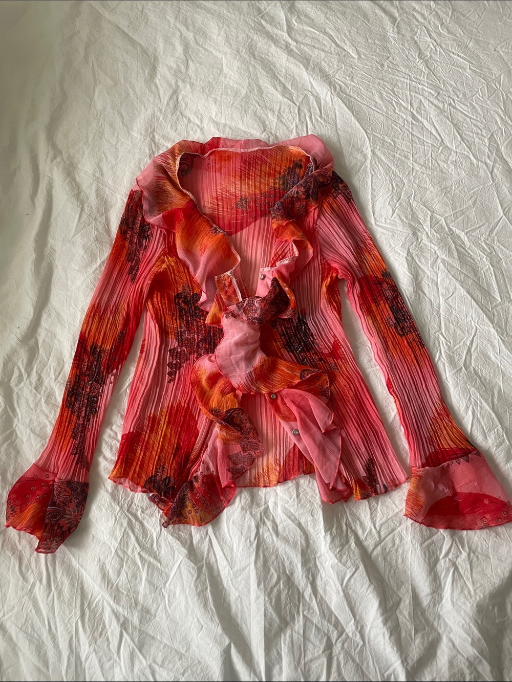 Ruffled Pink-Red Sheer Blouse with Floral Accents
